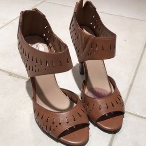 Faux leather brown peep toe heels